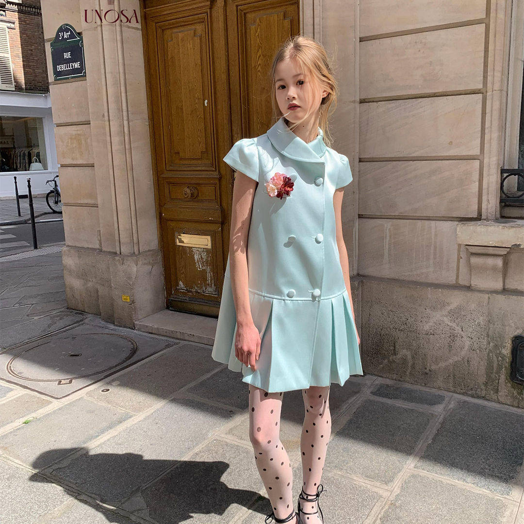 2026超火女童装生日礼服儿童富家千金感裙子女孩绝美双排扣公主裙
