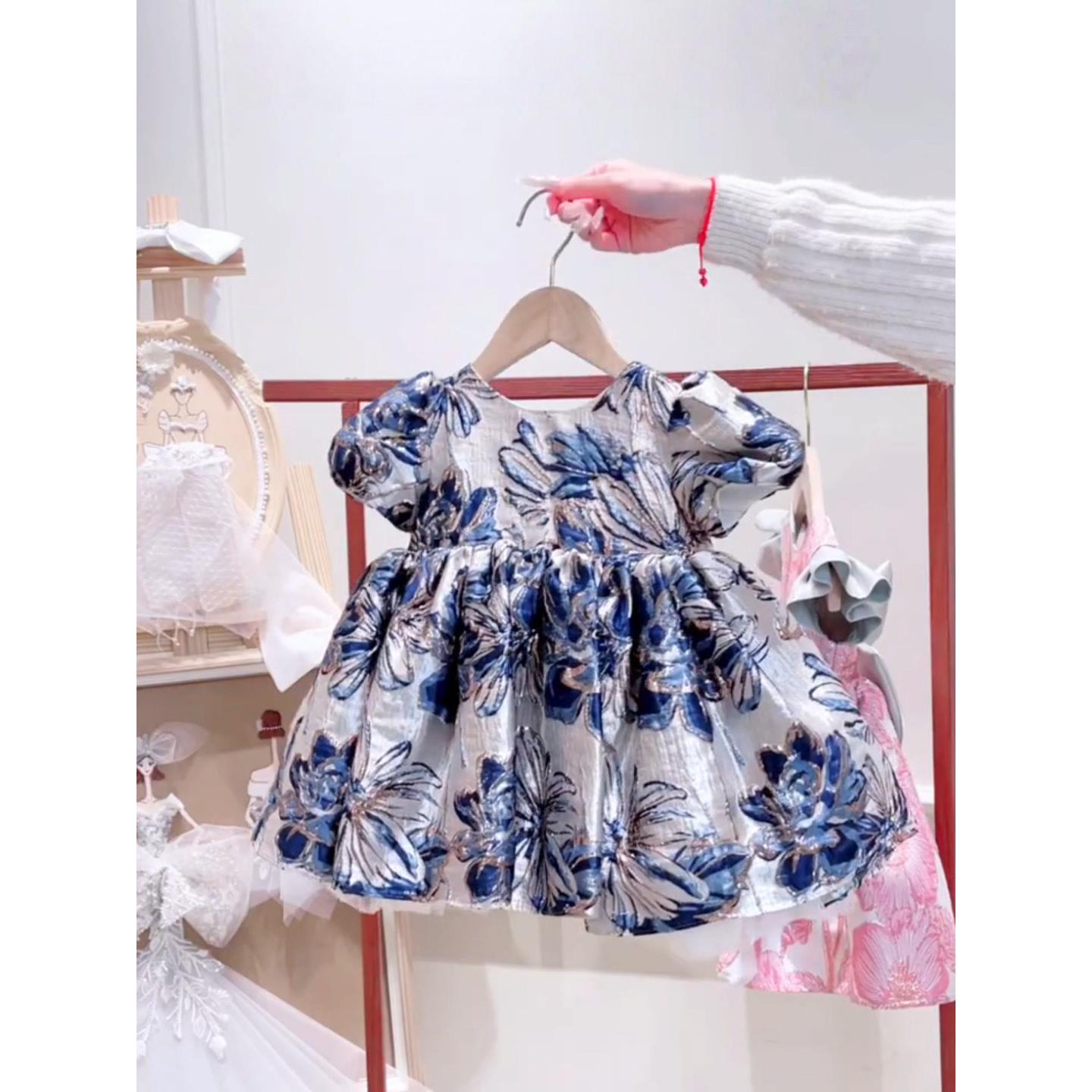 千金女童蓝色花卉连衣裙夏季新款泡泡袖公主裙女宝宝生日礼服裙子