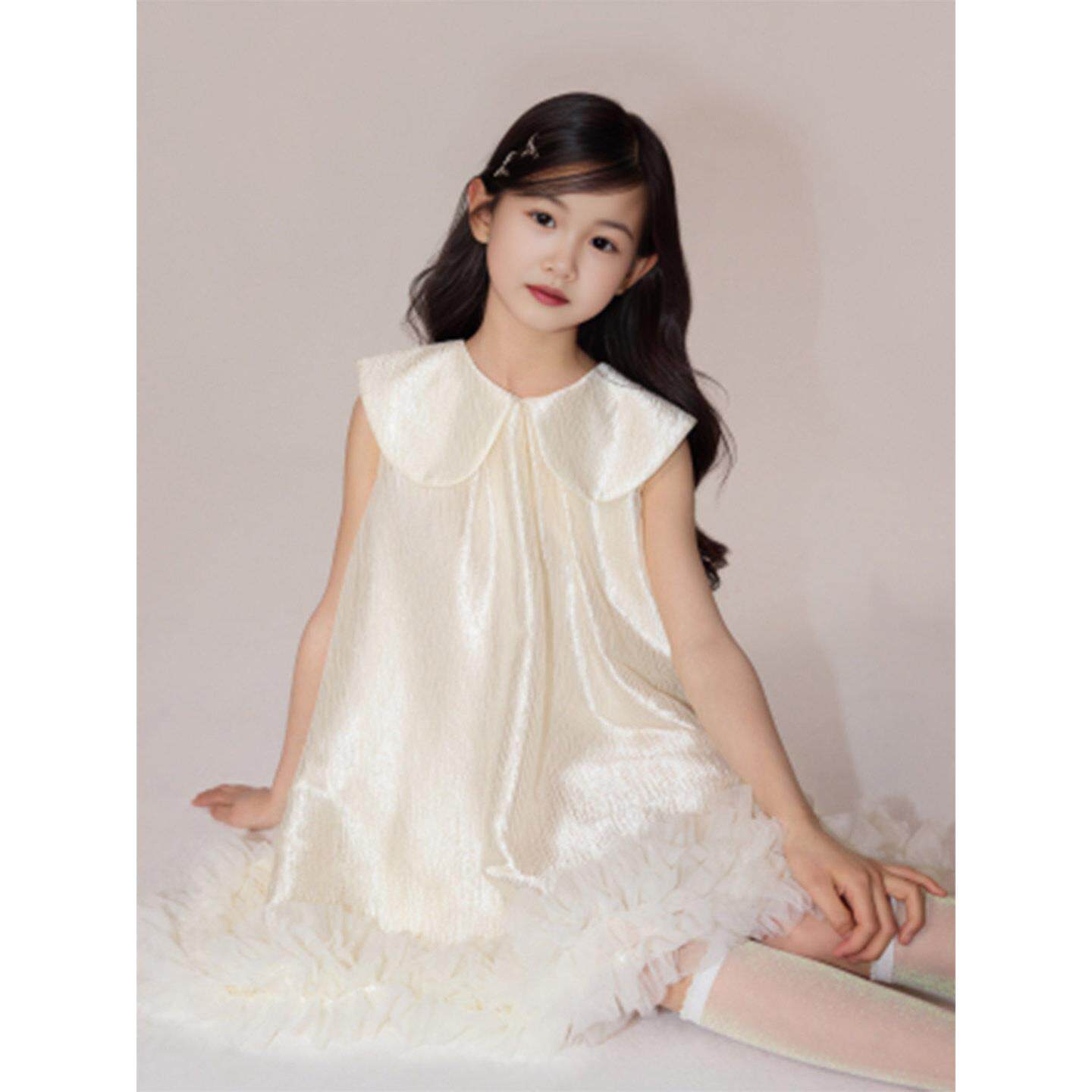 女童生日礼服裙子高级感儿童珠光绸面米白色连衣裙女孩绝美公主裙