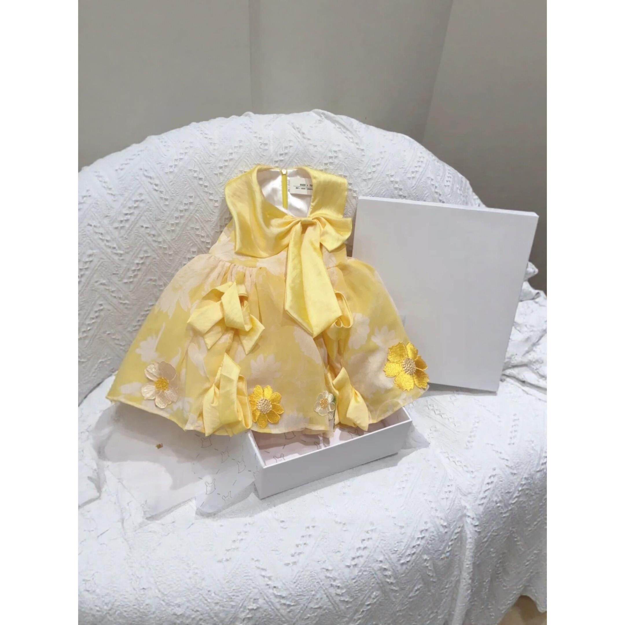 女童金色连衣裙蝴蝶结蕾丝花朵装饰蓬蓬裙女宝宝生日宴会花童礼服
