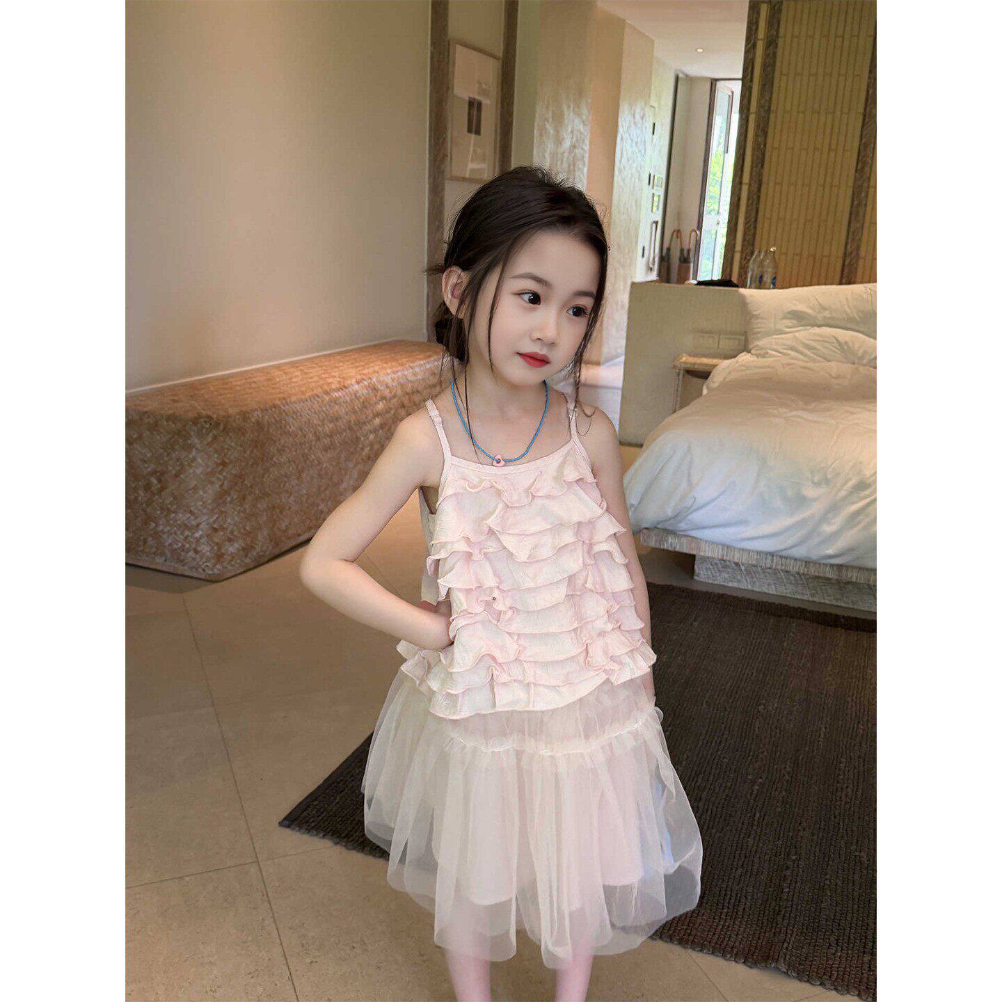女童巨好看夏装儿童多巴胺穿搭无袖上衣网纱裙小女孩独特吊带套装
