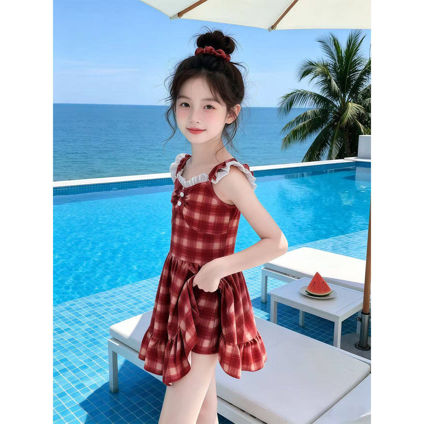 女童连体泳衣夏季2026新款儿童多巴胺超好看格子裙式泳衣温泉泳装