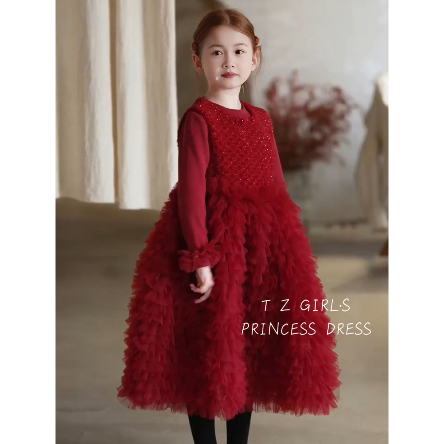 女童冬套装红色新年战袍拜年服儿童迪士尼公主裙生日礼服蓬蓬裙子