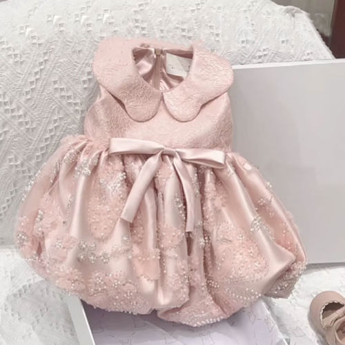 童装女童公主粉色连衣裙轻奢重工洋气时尚儿童宝宝生日礼服裙子潮
