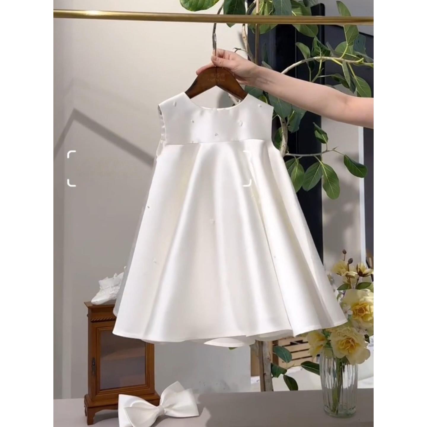 女童白色连衣裙儿童生日礼服公主裙简约气质无袖珠饰装饰背心裙子