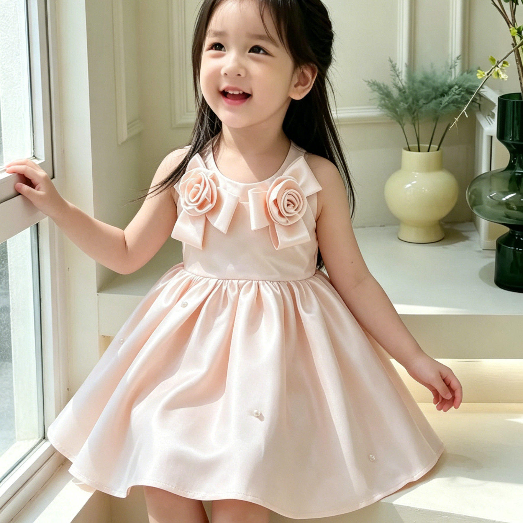 2026夏季新款千金风女童无袖花朵洋装粉色蓬蓬裙公主生日礼服裙