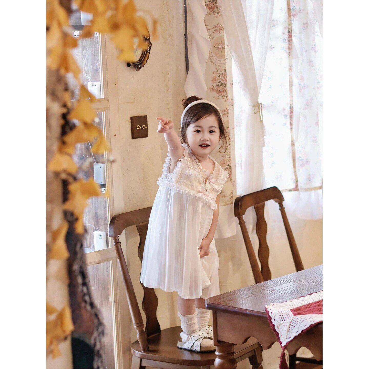 女童生日礼服裙子儿童白色蕾丝花边洋装小女孩绝美周岁礼公主裙