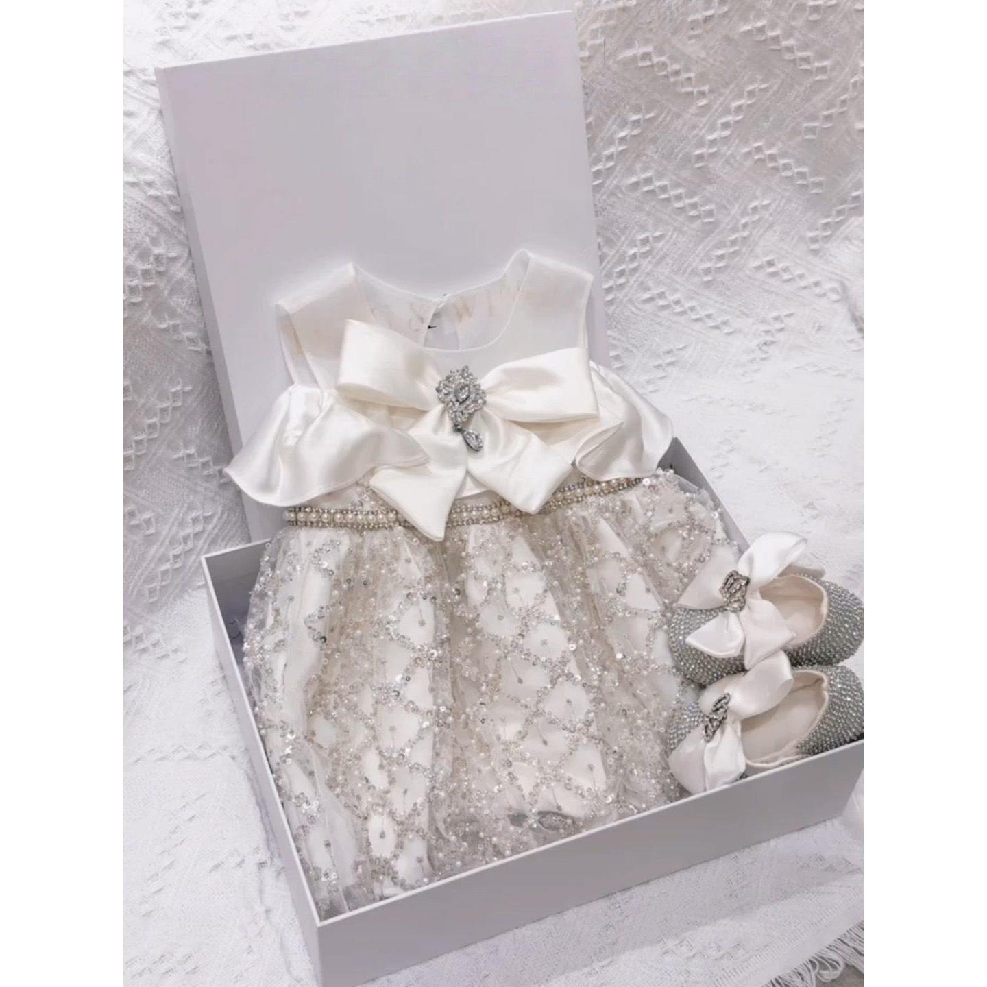 法式重工亮片连衣裙女童白色蝴蝶结珍珠装饰周岁宴生日礼服公主裙