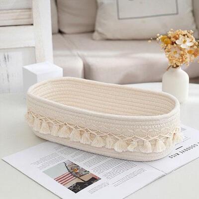 米白田园风棉绳流苏长方形收纳篮