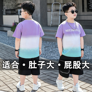 小胖墩胖男童夏装 套装 中大童加肥加大码 宽松纯棉T恤两件套潮9 短袖