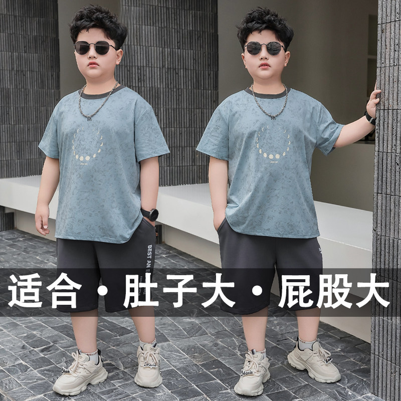 胖男童夏季中大童薄款加肥加大洋气短袖套装运动夏款衣服宽松胖童