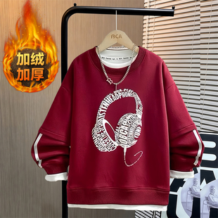 胖童装男童冬季加绒卫衣T恤10-16岁中大童加肥大码保暖宽松打底衫