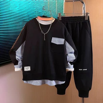 胖童装男童加肥加大套装8-16岁休闲运动卫衣中大童两件套宽松大码