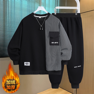 胖男童套装加绒保暖冬装新款中大童卫衣两件套加肥加大运动衣服潮