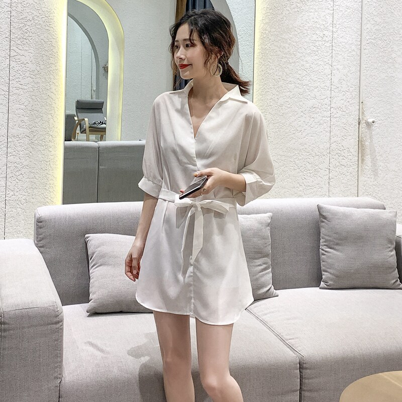 性感睡衣女夏季薄款白衬衫系带长款衬衣式大码宽松冰丝可外穿睡裙