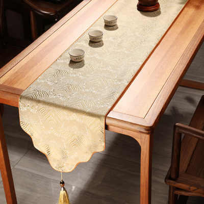 新中式桌旗茶桌垫布茶台禅意餐桌布云锦绸缎长条床旗高端茶几茶旗