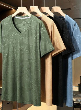 400斤大码冰丝短袖胖子男士夏季新款V领宽松T恤透气加肥加大半袖