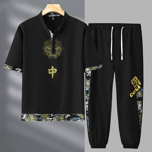 380斤大码新中式短袖T恤套装