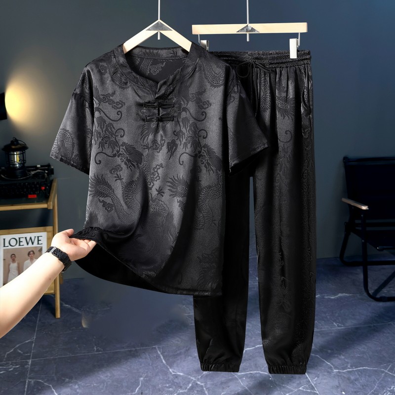 380斤大码新款冰丝休闲短袖套装男士加肥加大国风中式唐装两件套,男装,休闲运动套装,淘宝优惠券,粉丝福利购,淘宝优惠卷