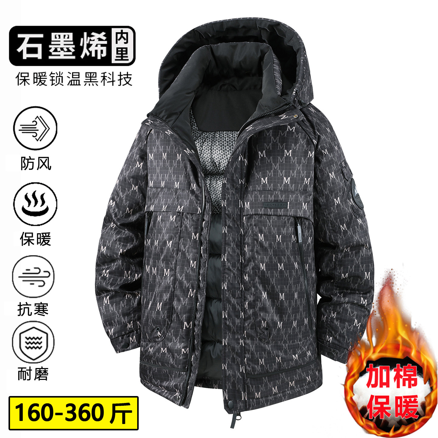 大码中长款羽绒棉服男冬季新款连帽潮牌字母工装加肥加大时尚棉衣