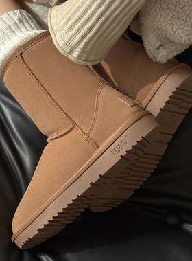 ebv2025年冬季新款雪地靴女中筒加厚保暖翻边短靴加绒加厚防滑棉