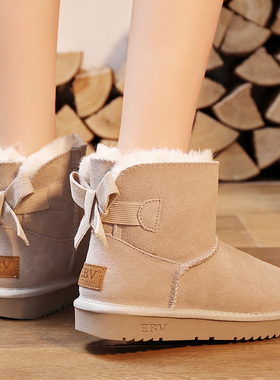 EBV 新款雪地靴女短筒2025年蝴蝶结真皮加绒加厚东北棉鞋防滑短靴