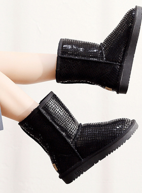 EBV 2025年秋冬季新款雪地靴女中筒真皮防水防滑加绒加厚面包鞋子