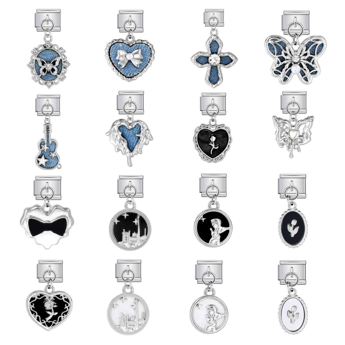 挂钩意大利模块手链蓝黑色系吊坠弹力拼接不锈钢表带情侣闺蜜礼物