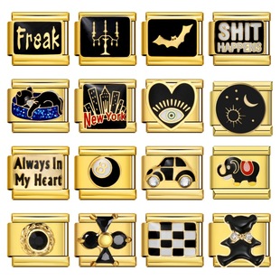 金底黑色意大利模块手链不锈钢滴油焊接图案DIY弹力拼接表带礼物