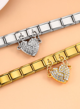 微镶锆石爱心形双吊坠意大利模块手链不锈钢DIY拼接表带情侣礼物