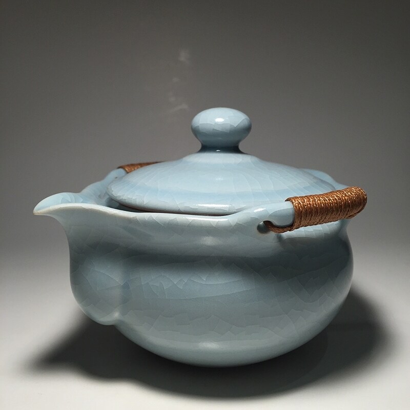 柏采 官方促销款功夫茶具自然开片天青釉手抓茶壶 盖碗 CB 101D