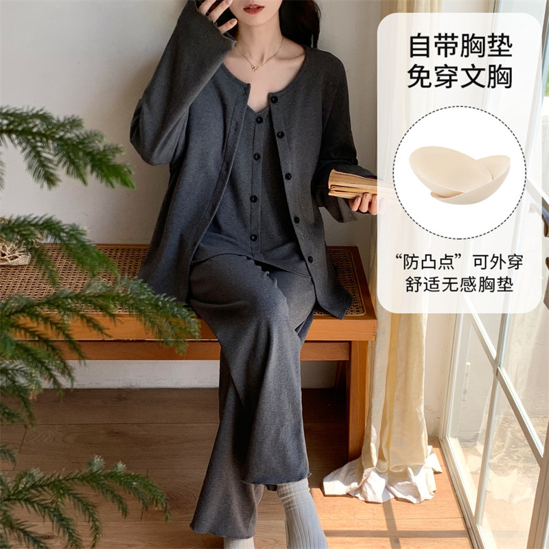 三件套睡衣女春秋季长袖甜美套装