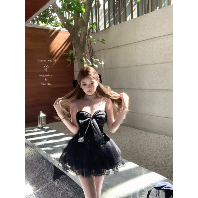 迟伞伞蝴蝶结黑色抹胸蓬蓬连衣裙