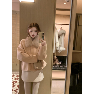 迟伞伞25/fw 绯色奶霜 定染杏粉兔毛毛领羊毛手工双面呢大衣外套