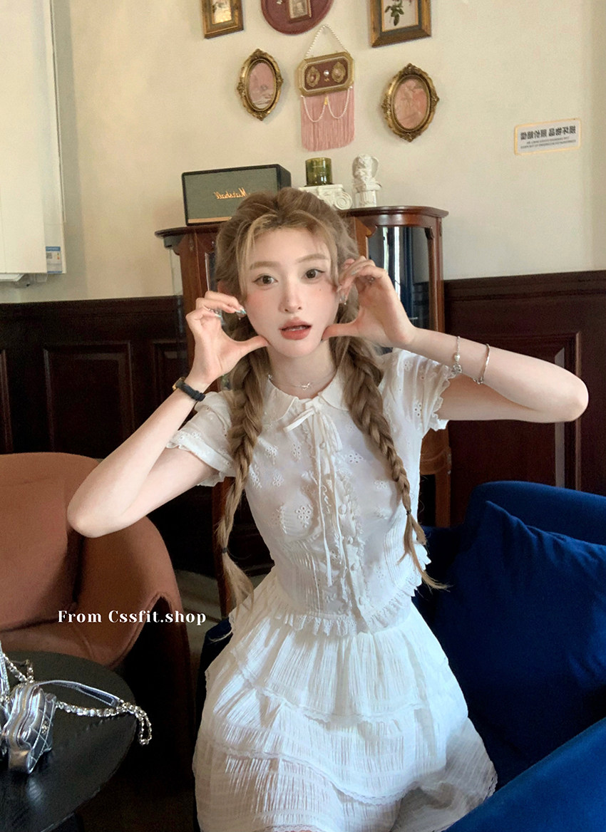 迟伞伞 元英美学 彼得潘领蝴蝶结系带短袖衬衫蛋糕短裙少女感套装