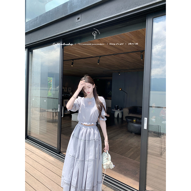 迟伞伞蓝灰色两穿拼接衬衫百褶裙