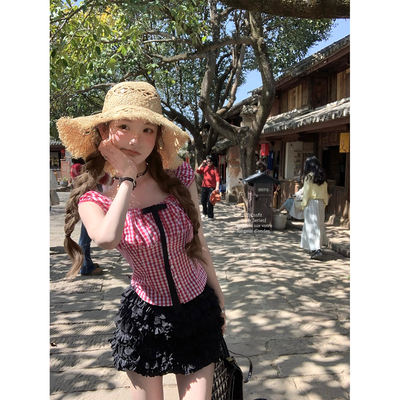 迟伞伞棉质红格双蝴蝶结上衣