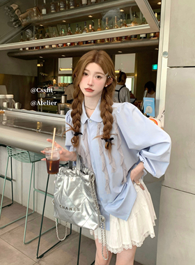 迟伞伞 25/ss雨后岩兰草 针织木耳边Peterpan蓝色衬衫女长袖上衣