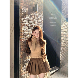 迟伞伞26/ss 冷萃摩卡 马海毛羊毛翻领卡其系带收腰针织衫上衣