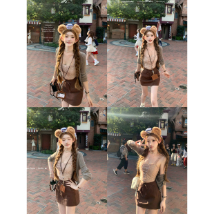 迟伞伞25/fw 心跳分贝 中古粉棕蝴蝶结吊带烟灰羊毛针织开衫套装