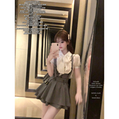 miu系橱窗 抓襟蕾丝边香槟色系带蝴蝶结衬衫 迟伞伞26 短袖 上衣