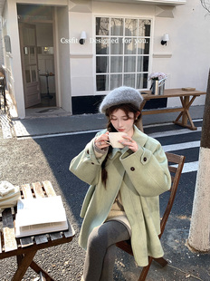 迟伞伞 布里恩茨湖畔 定染奶油绿骆驼绒羊毛双面呢斗篷大衣