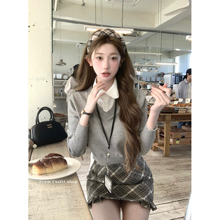迟伞伞 昭和甜心 假两件学院风软糯长袖衬衫针织衫格纹半裙短裙