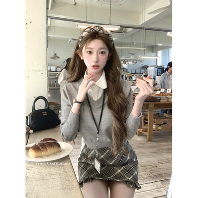 迟伞伞假两件学院风衬衫针织衫