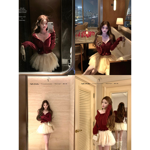 迟伞伞25 vintage翻领木耳边羊毛针织两色皱皱白长裙 fw雪松温庭