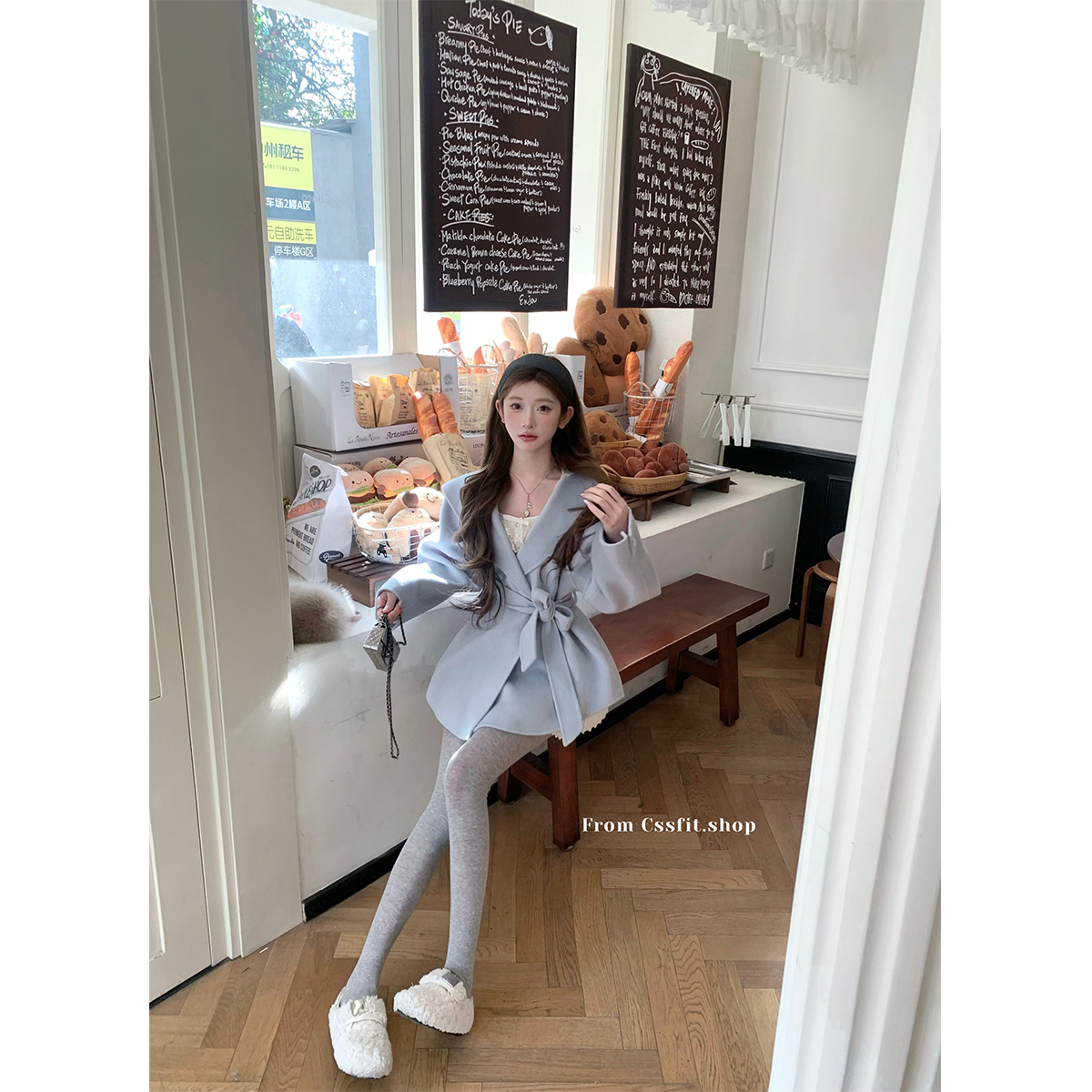 迟伞伞月雾蓝翻领系带羊毛大衣