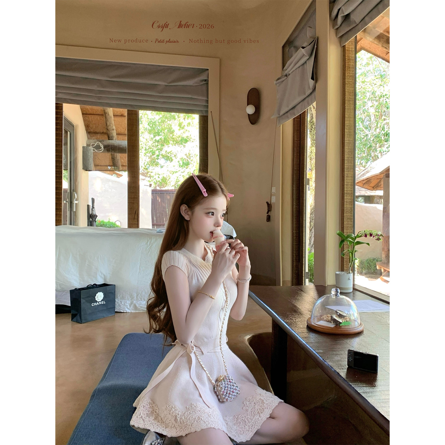 迟伞伞26/ss 荷娜欧尼 麻花淡粉短袖针织系带上衣蕾丝半裙短裙