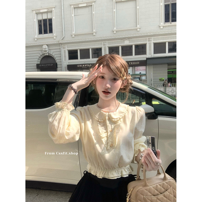 迟伞伞鹅黄娃娃领蕾丝花边衬衫