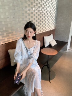 迟伞伞 淡雅水墨印花青花瓷雪纺长裙 仙气飘飘