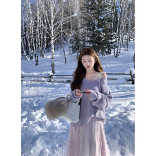 女 混色星夜紫手工花朵毛衣仙仙纱裙长裙温柔套装 迟伞伞 美奈子